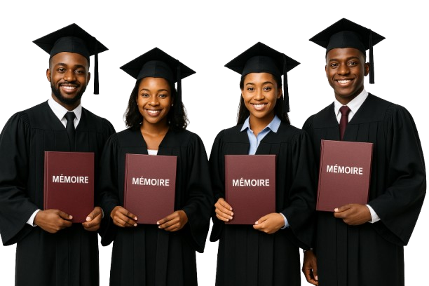 quatre diplômés africains en toge tenant leur mémoire est prête